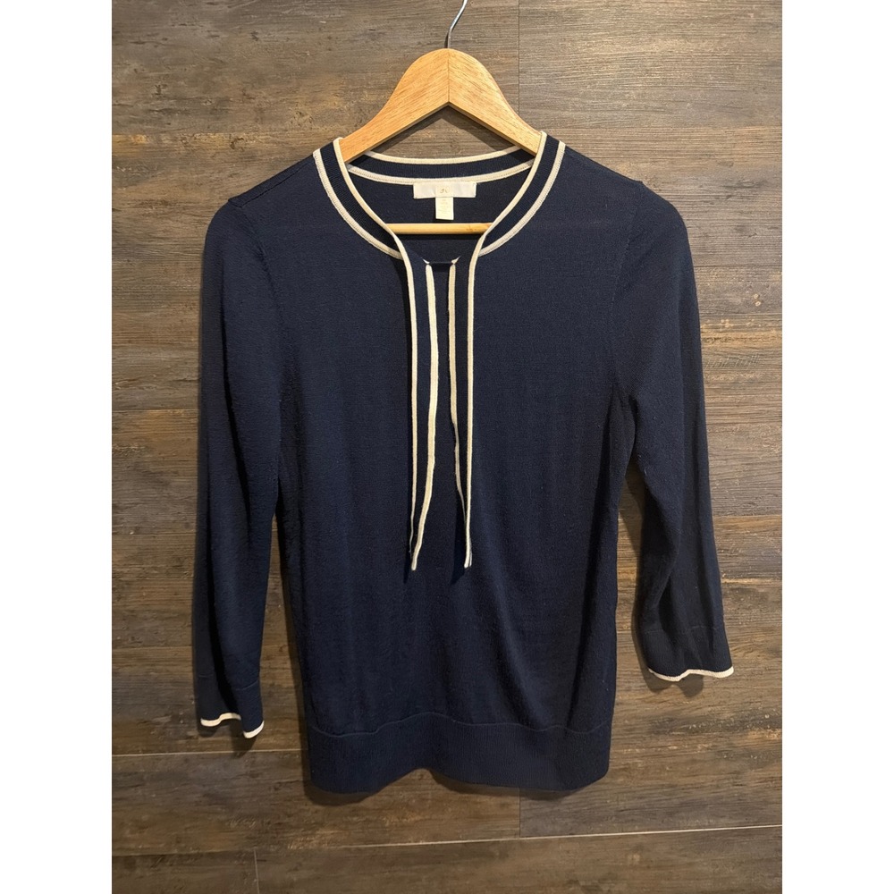 1901 Nordstrom Navy Blue Merino Wool Blend Tie Neck Sweater Petite Medium